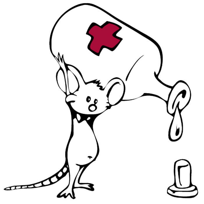 Maus im Comicstil trägt eine Flasche mit Medizin aus der Flüssigkeit tropft.